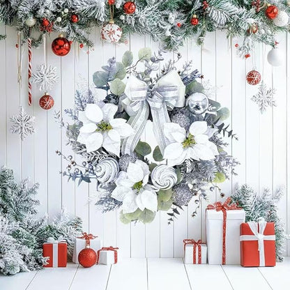 22 inch Christmas Wreath for Front Door, Lifelike Artificial Silver White Christmas Wreath, Green Fake Wreath Used for Wall, Window, Porch, Farmhouse, Indoor and Outdoor Home Decoration