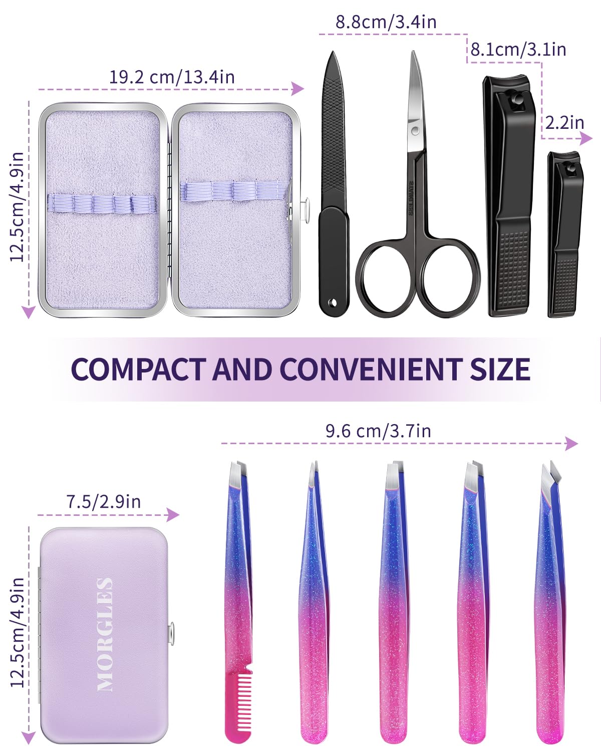 MORGLES Tweezers Set and Nail Clippers, 9 Pcs Stainless Steel Tweezers Kit for Men Professional Manicure Set for Men Grooming Kit with Leather Travel Case