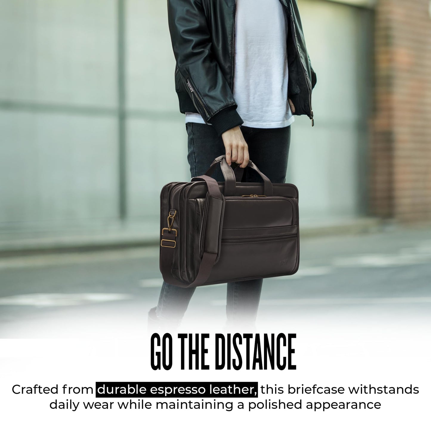 Solo New York Briefcase - Laptop Carrying Bag for Women & Men, Brief for Travel & Work, Padded Shoulder Strap, Premium Leather Body, Fits 15.6" Computer - Espresso