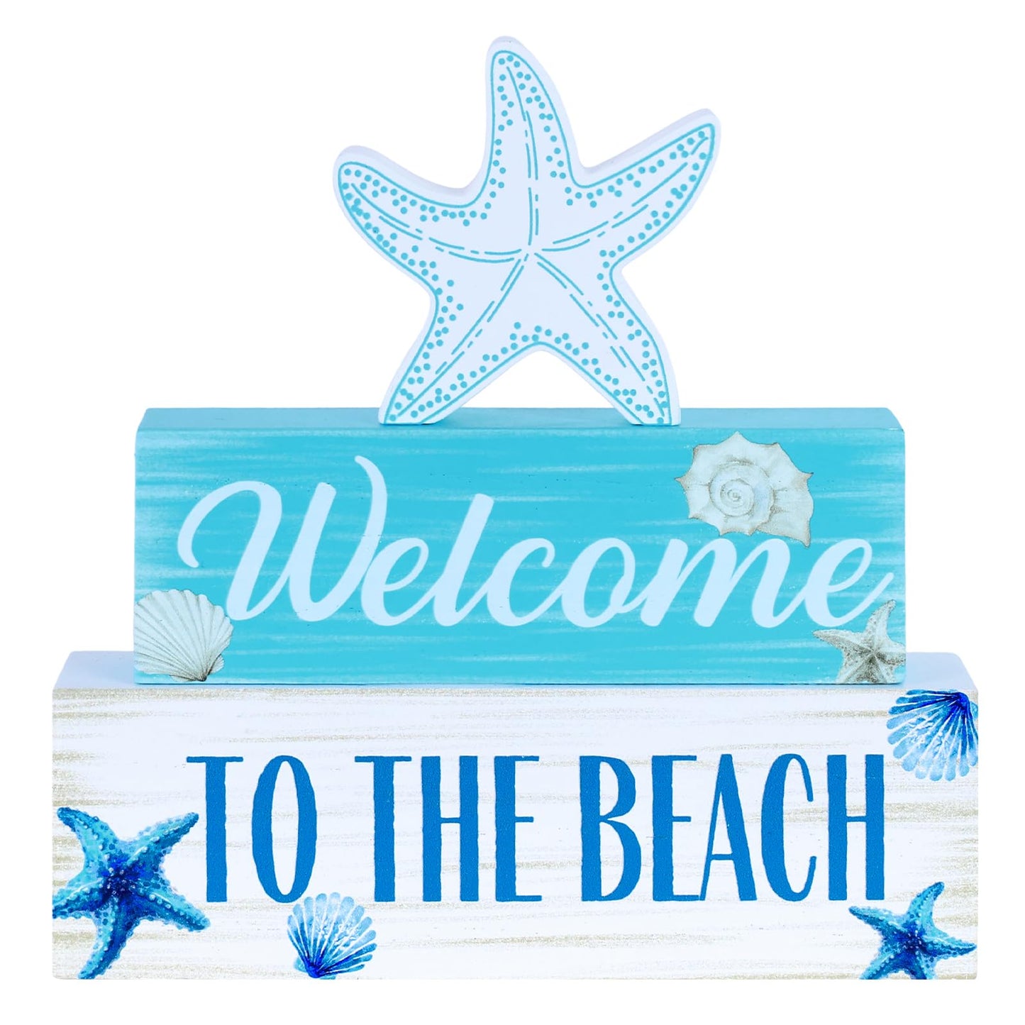 Beach Decorations for Home, MEETYAMOR 3-Layered Starfish Seashell Coastal Wood Block Beach Decor, TO THE BEACH Sign Ocean Decor for the Home, Table, Mantel