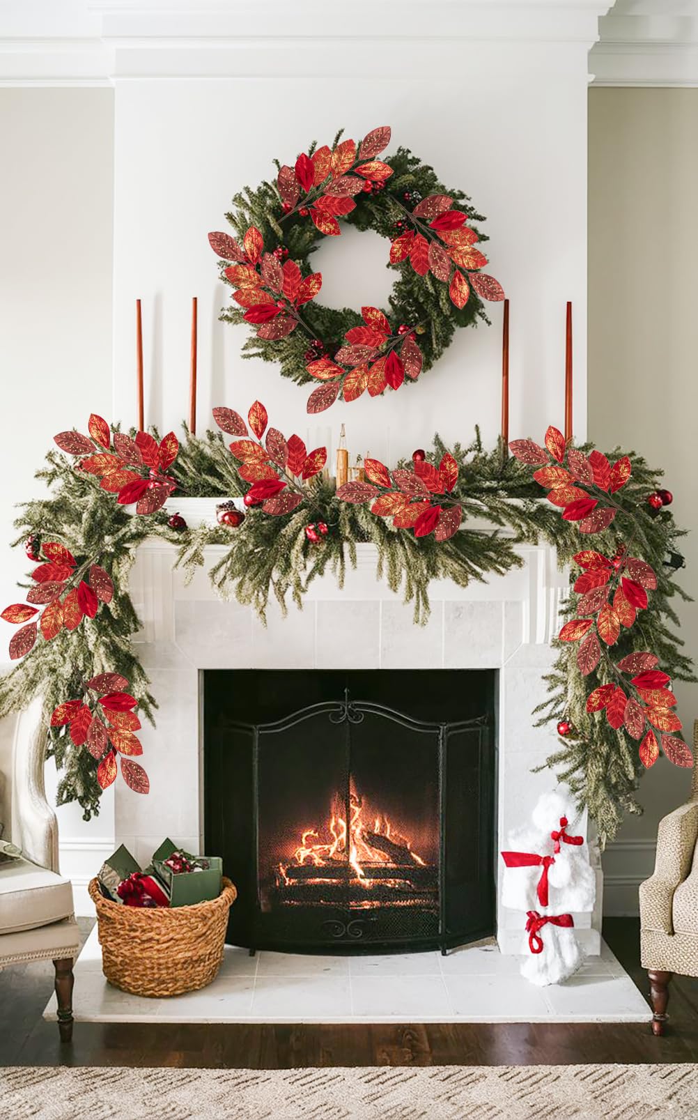 Hollyone 23.6” Christmas Tree Picks and Sprays 3Pcs Red Artificial Magnolia Stems Magnolia Leaves Branches Fake Red Leaf Floral for Vase DIY Xmas Tree Garland Wreath Centerpieces Wedding Decor