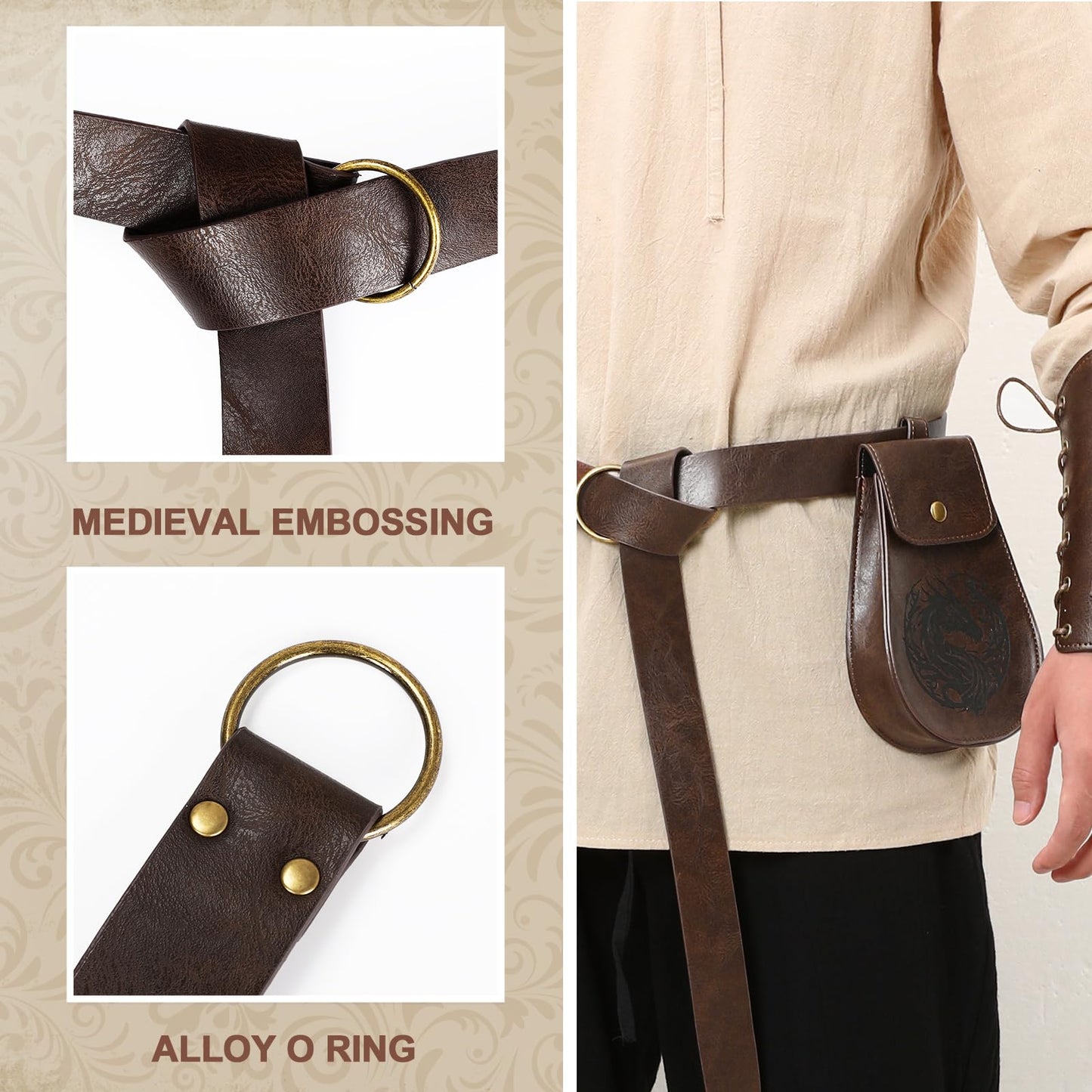WooHand 3PCS Renaissance Accessories for Men Women – Viking Renaissance Belt, Medieval Pouch & Leather Bracers for Halloween, Ren Faire, Cosplay, LARP
