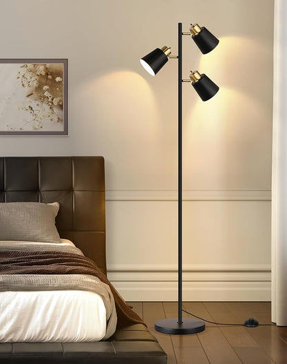 QiMH Tree Floor Lamps for Living Room, 67" Modern Standing Floor Lamp with 3 LED Bulb, Industrial Tall Lamp Reading Lighting for Bedroom Study Office Decor, 3 Rotatable Light Heads, Black Gold