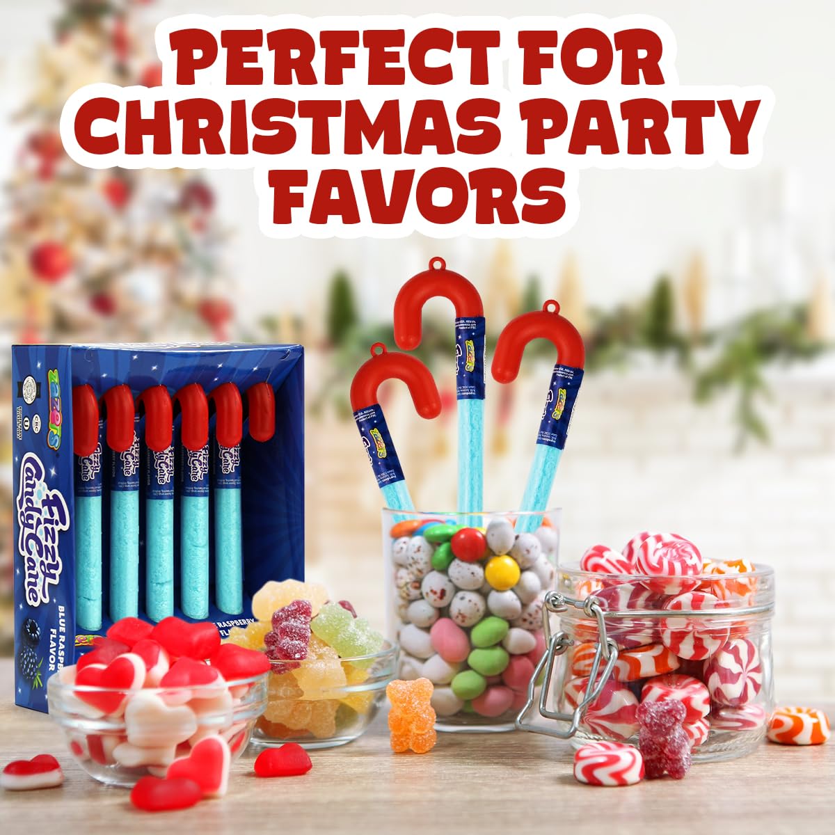 Blue Fizzy Candy Cane, 12 Pack of Blue Raspberry Powder Candy Cane - Individually Wrapped Candy Canes - Christmas Holiday Indulgement - Full Size Candy Canes Raspberry Flavor for Kids and Adults, Sharing Size