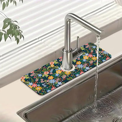 Colorful Flower Sink Splash Guard Faucet Mat Flowers Leaves Super Absorbent