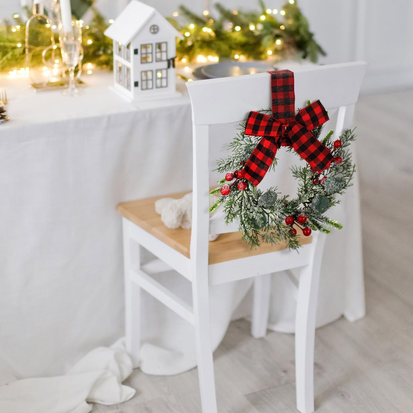 Syhood 2 Pieces 9" Mini Christmas Wreath Mini Cabinet Wreaths for Kitchen Christmas Red Berry with Red and Black Plaid Bow Farmhouse Wreath for Holiday Xmas Party Decorations(Buffalo Plaid Bow)
