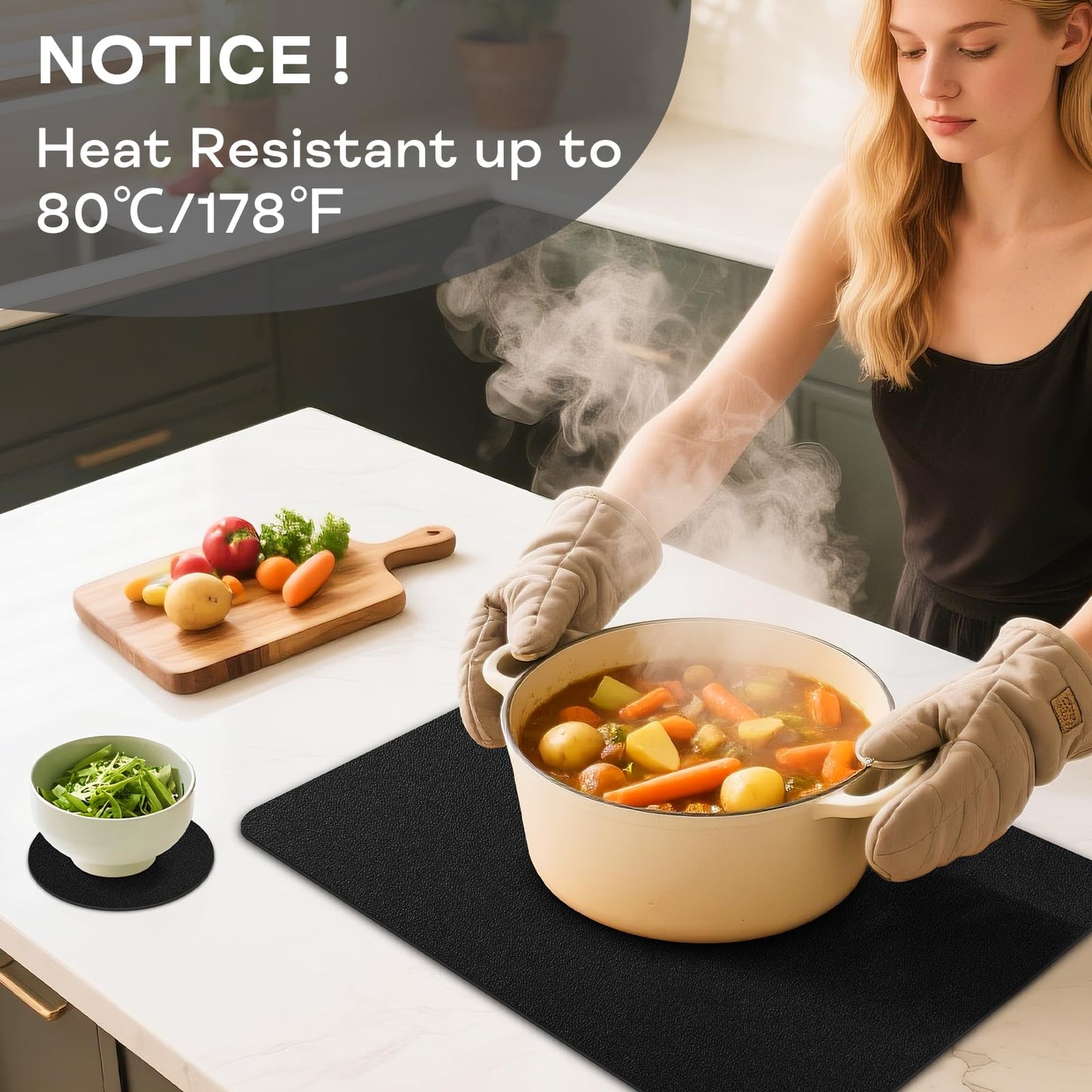 APLKER Vinyl Placemats Set of 6, Waterproof Faux Leather Heat Resistant Kitchen Place Mats, Wipeable Dining Table Place Mats and Coasters for Kitchen, Dining, Decor, Outdoor (Black)