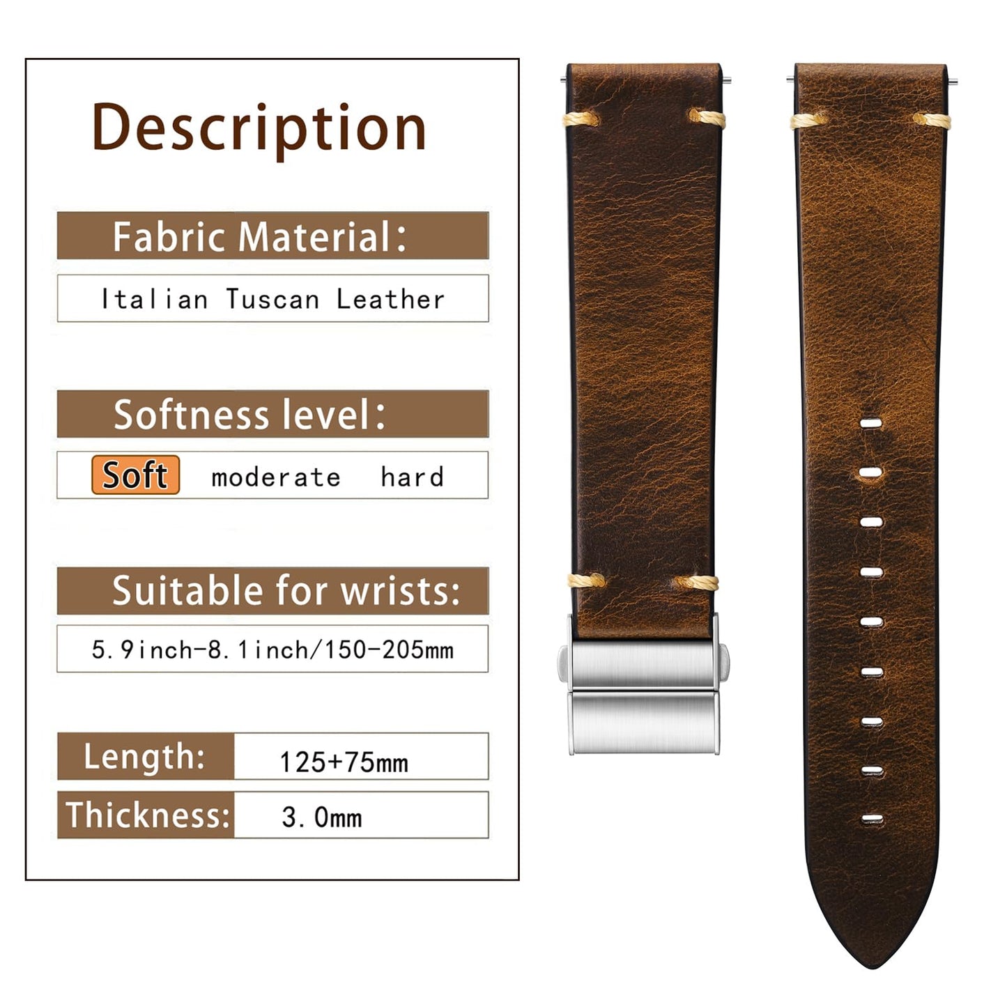 Getalia leather Watch Band Foldover Clasp Retro Oil wax Genuine Leather,18mm 19mm 20mm 21mm 22mm Quick Release Replacement Watch Straps for Men and Women (Coffee Band Width-22mm)