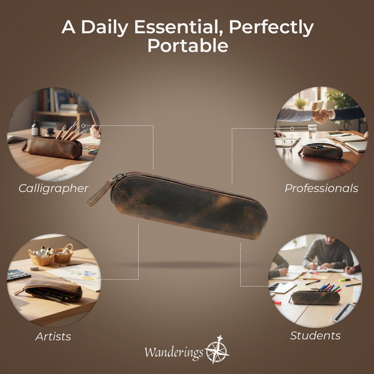 WANDERINGS Vintage Leather Pencil Pouch Case – 7" Round – Hand Crafted Functional Brown Leather Zipper Pouch – Round Pencil Case Holder for Men and Women – Travel Makeup, Jewelry, and Purse Bag