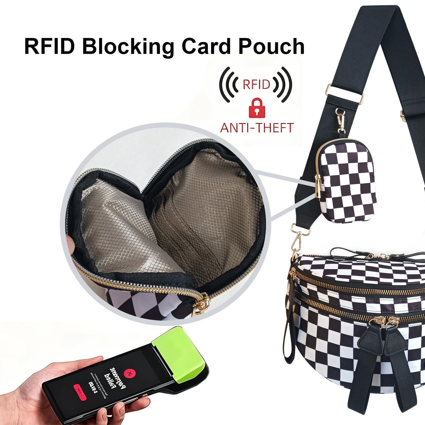 Security Carry Bum Bags Checkered Crossbody Fanny Packs Diaper Bag with RFID Pouch for CCW, EDC& Outdoor (Black+white)