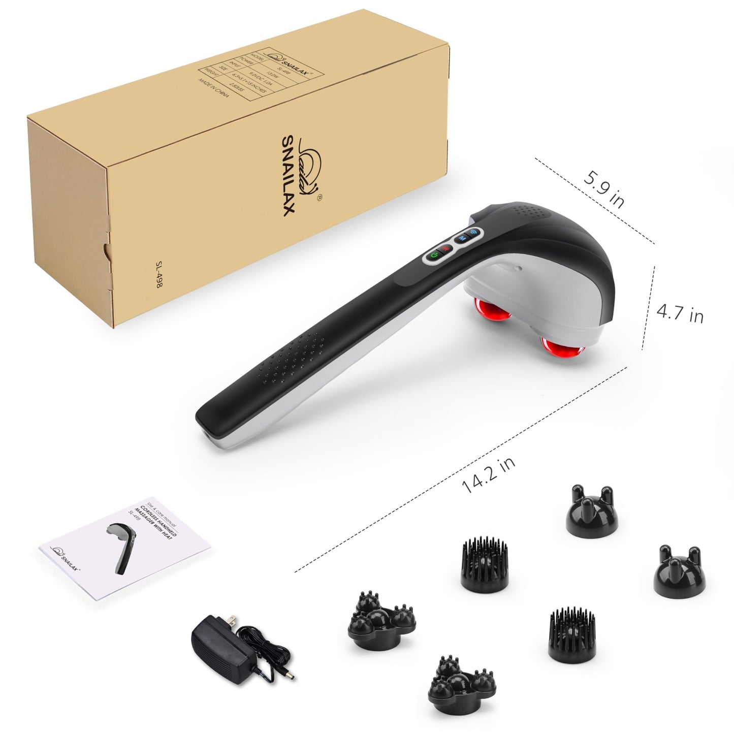 Snailax Cordless Handheld Back Massager with Heat, Deep Tissue Percussion Massager, 3 Sets of Dual Pivoting Heads,Rechargeable Hand Held Massager for Neck,Back Shoulder,Calf,Legs