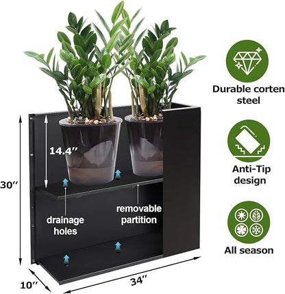 Metal Large Rectangular Planter Box Outdoor 30" H x 34" W x 10" D,Tall Flower Pot with Quick Installation,Long Black Planters for Outdoor Plants with Drainage Holes for Plants,Patio,Garden