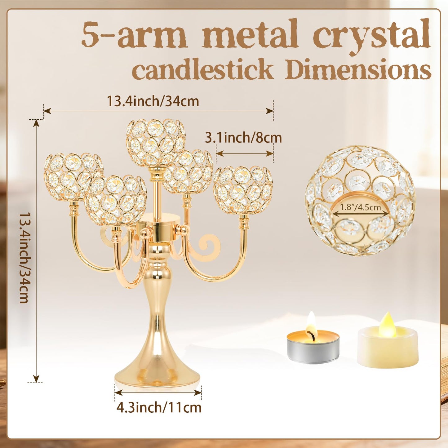 5 Arm Metal Crystal Candelabra Centerpiece - 13.4 Inch Elegant Candle Holder with Crystal Beads for Wedding Party Christmas Home Dining Table Decoration (2, Gold)