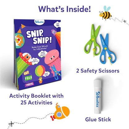 Skillmatics Scissor Skills Activity Book - Snip Snip, 25 Cutting Activities for Preschoolers, Felt Craft Kit, 2 Child-Safe Scissors, Fine Motor Skills, Screen-Free Fun, Gifts for Kids Ages 3-7