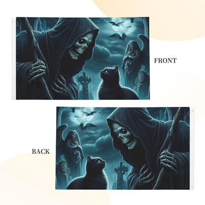 BOXIMIAO Reaper And Black Cat At Cemetery Flag 3x5 Ft Outdoor Polyester Garden Flag Double Sided Banner For Yard Lawn Porch Balcony Home Decorations
