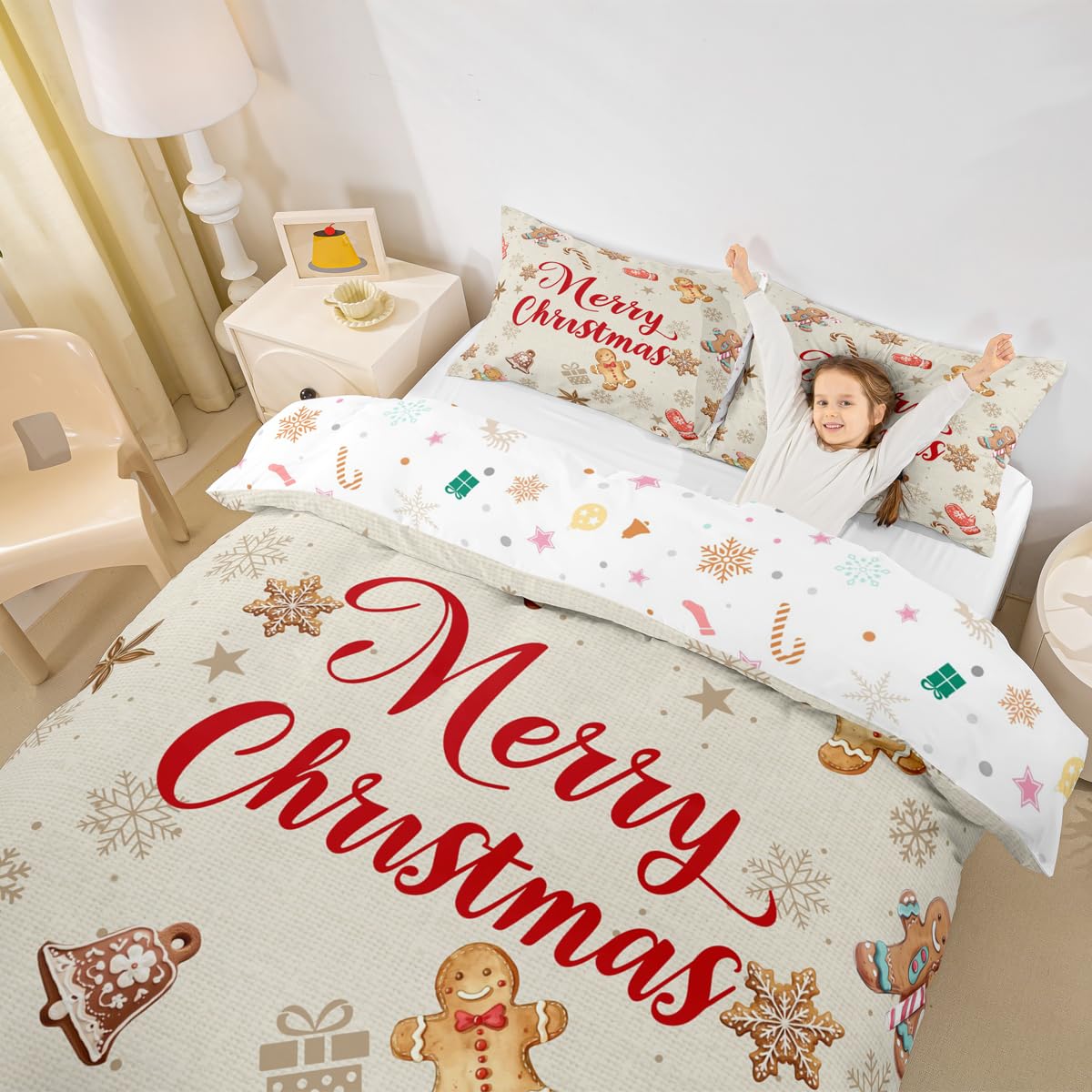 Cute Gingerbread Man Duvet Cover Sets(NO Comforter),Funny Gingerbread Snowflakes and Bells Comforter Cover for Girls Teens,Brown Snowflake Printed Bedding,Cartoon Themed Duvet Set,Queen Size