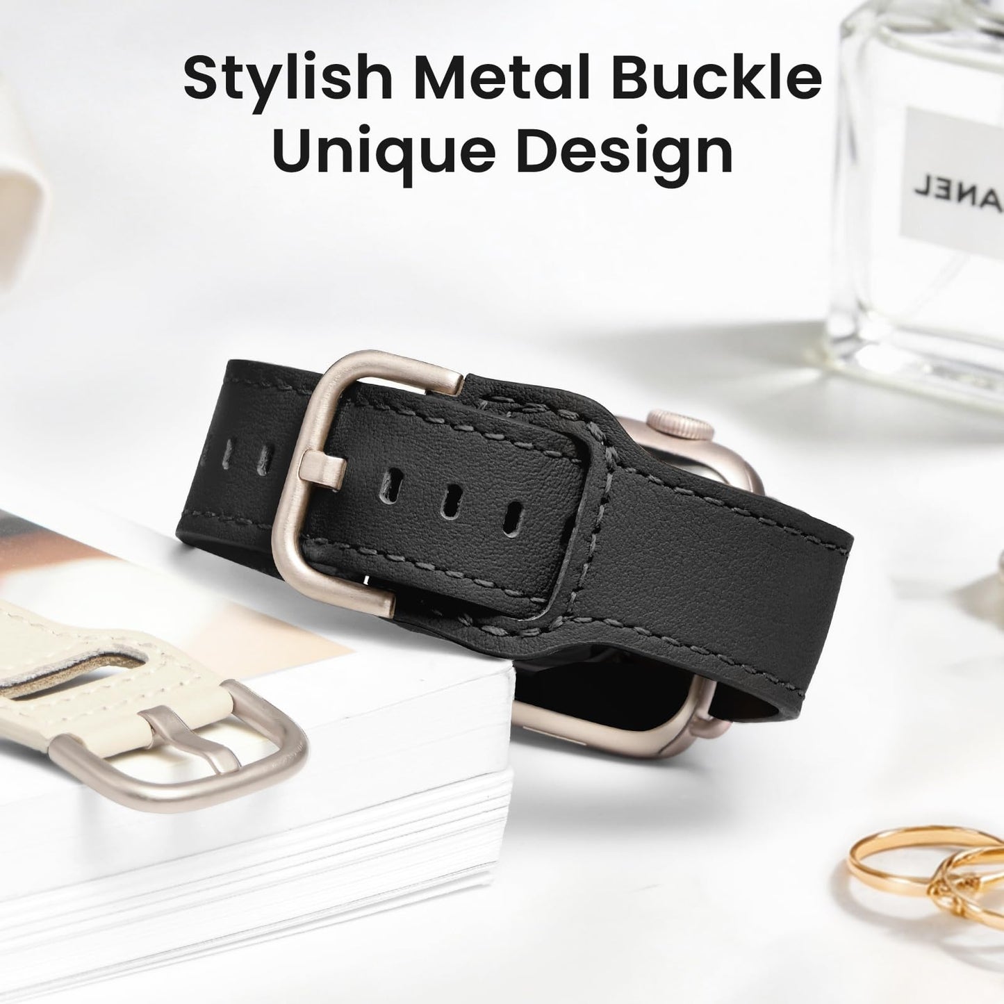 POWER PRIMACY Leather Bands Compatible with Apple Watch Band 38mm 40mm 41mm 42mm-Series 11/10,Genuine Leather Strap Compatible for Women Men iWatch SE Series 11 10 9 8 7 6 5 4 3 2 1(Black/Starlight)