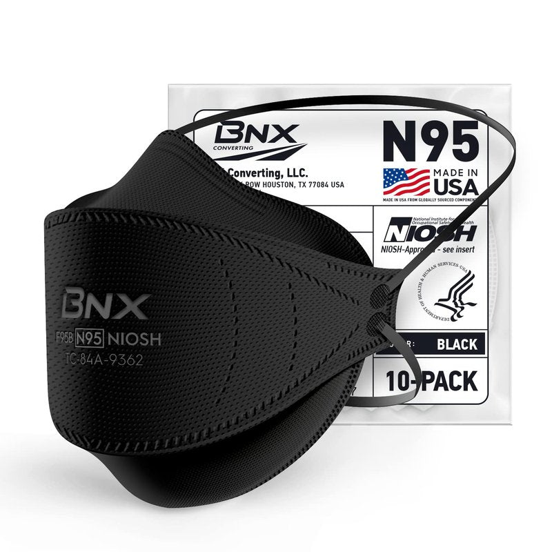 BNX N95 Mask Black NIOSH Certified MADE IN USA Particulate Respirator Protective Face Mask, Tri-Fold Cup/Fish Style, (10-Pack, Approval Number TC-84A-9362 / Model F95B) (Headband) Black