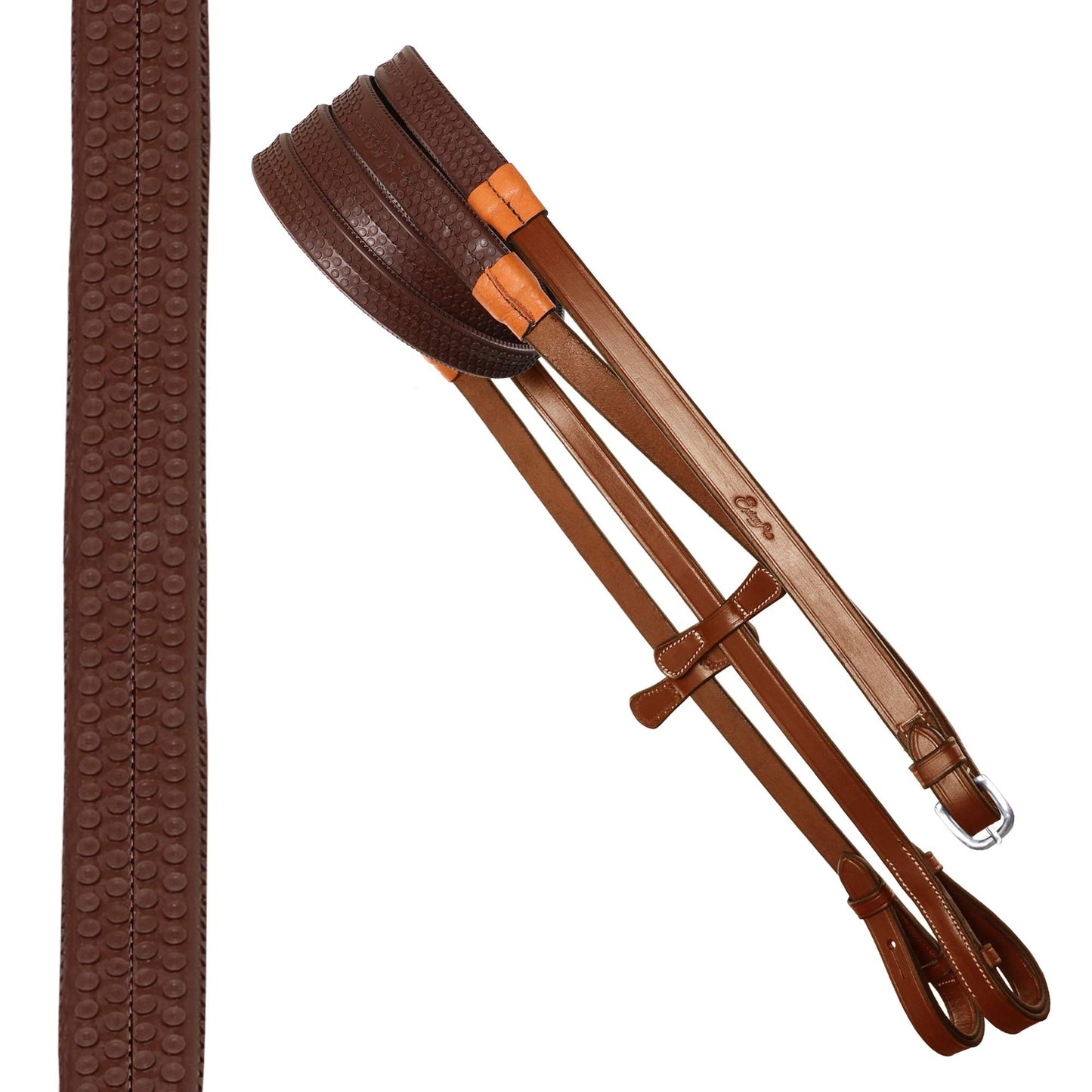 ExionPro Comfortable Broad Free Ear Anatomic Shape Mono Crown Piece Fancy Stitched Figure 8 Padded Noseband English Bridle & Rubber Reins (Conker, Vegetable Tanned Leather - Over Size)