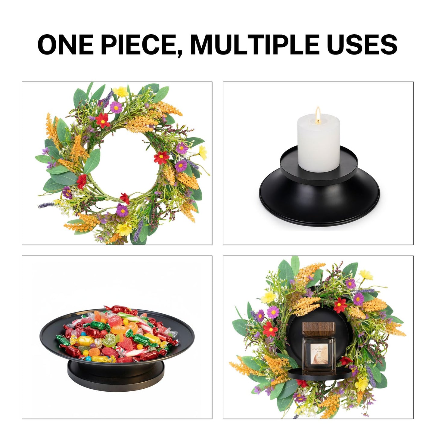 MOYEE Summer Centerpieces for Tables Wreath with Candle Holder,Candle Ring, Black Metal Candlestick with an Artificial Wreaths 14 in Versatile Dining Table Centrepiece (Golden Wheat Ear Wreath)