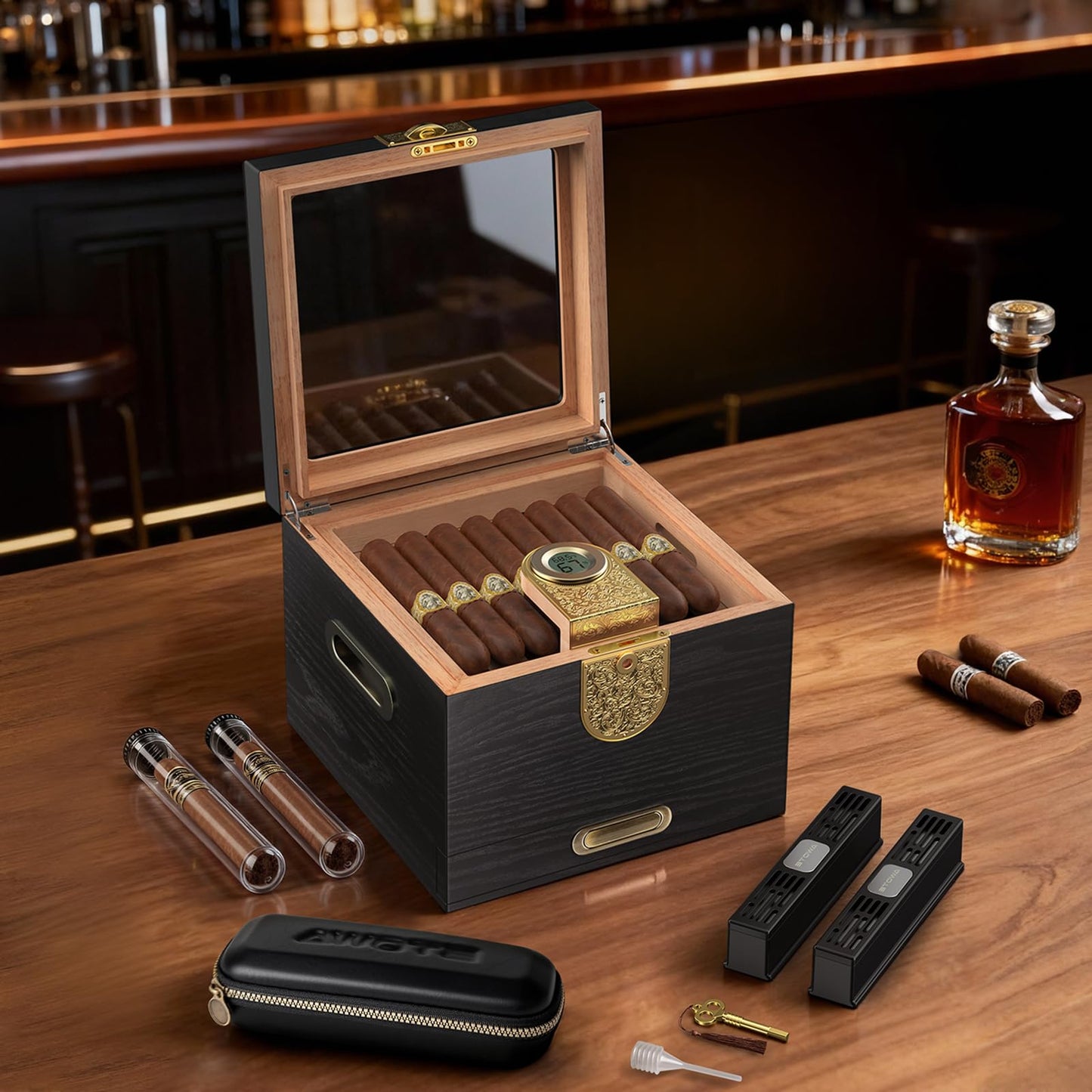 AWOTE Cigar Humidor with Digital Hygrometer and 2 Humidifiers, Cedar Wood Cigar Humidor Box with Drawer, Travel Cigar Case and Cigar Tubes, Desktop Humidor Box Gifts Cigar Accessories (Black)