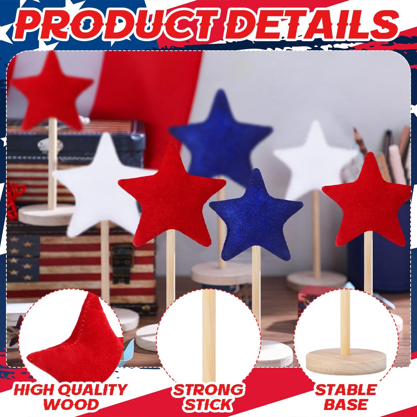 Wenqik 7 Pcs 4th of July Patriotic Decorations Velvet Red White and Blue Star Sign Standing Wooden Star Tabletop Centerpiece 250th Anniversary Independence Day Decor for Home Indoor Table Office Party