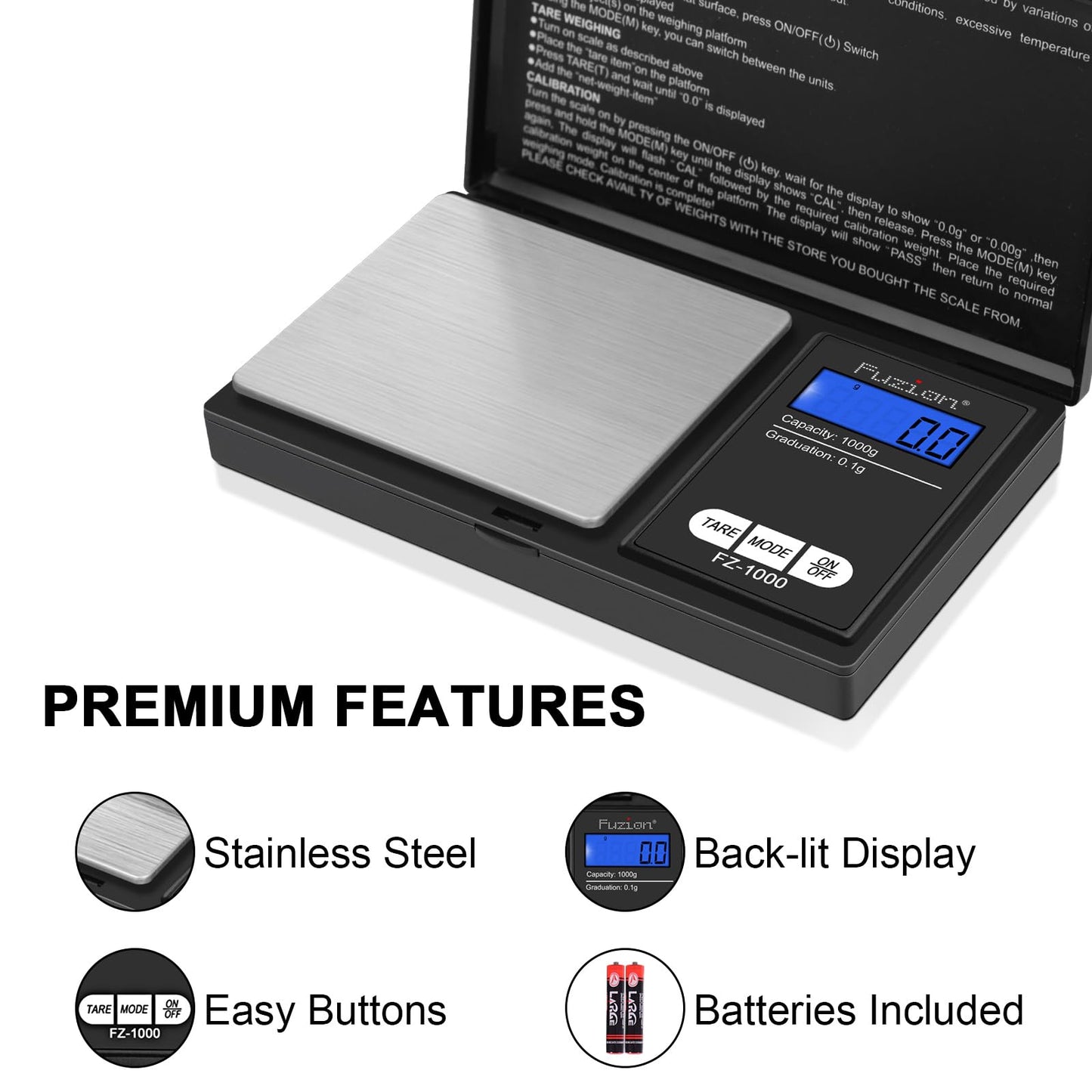 Fuzion Digital Pocket Gram Scale 1000g/0.1g, Small Digital Scales Grams Ounces Grains, Herb Scale, Jewelry Scale, Portable Travel Food Scale