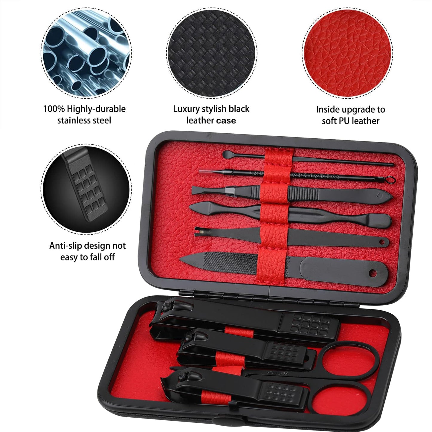 Manicure Set Nail Clippers Kit Professional Stainless Steel Nail Care Tools with Leather Travel Case 10 in 1 Blue