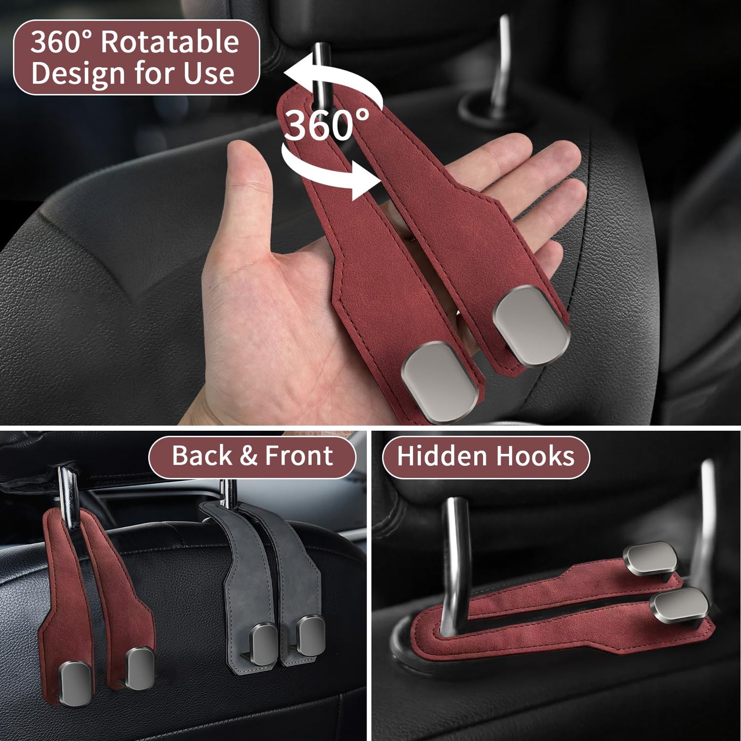 RAOZBE Car Seat Headrest Hooks for Purses and Bags, 4 Pack Bag Purse Holder for Car With Double Metal Hooks, Car Purse Hanger, Headrest Back Seat Handbags Hook Cute Hanging Accessories, hot pink