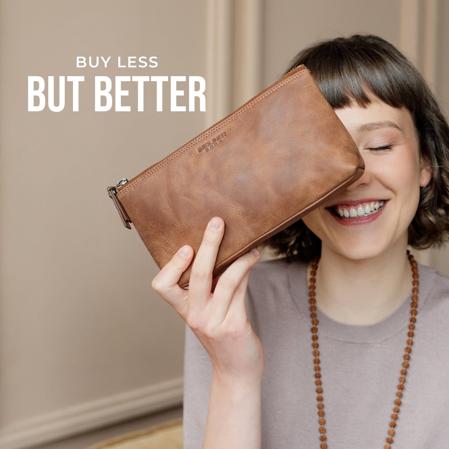 BERLINER BAGS Vintage Genuine Leather Makeup Bag Anna, Cosmetic Bag for Purse, Travel and Cosmetics Pouch with Zipper for Women- Brown