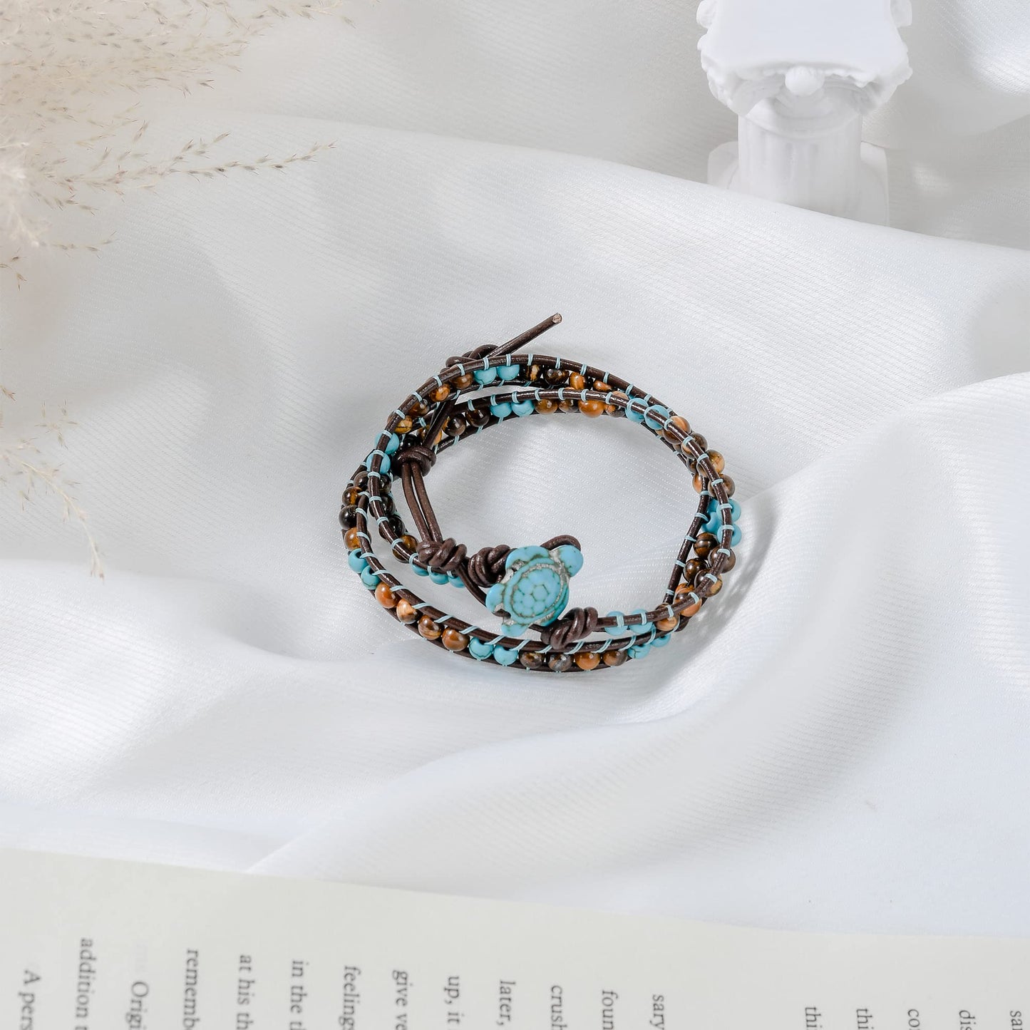 AeraVida Sea Turtle Double Wrap Bracelet with Tiger’s Eye and Simulated Turquoise Beads | Handcrafted Leather and Cotton Rope Bracelet with Turtle Toggle | Boho Ocean Nature Inspired Jewelry