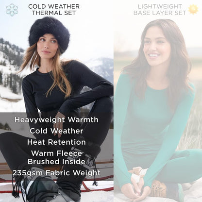 Cuddl Duds Womens Heavyweight Fleece 2 Piece Long Sleeve Thermal Underwear Set – Shirt & Leggings Base Layer for Cold Weather – Winter Clothing Long Johns Lounge Sets for Women, Black, XS