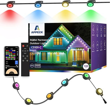 APPECK Permanent Outdoor Lights 100ft with 72 LEDs, DIY Scene Modes, Smart RGBW String Lights Waterproof, App/Remote Control for Christmas, Halloween, Alexa/Google Assistant Compatible, Black