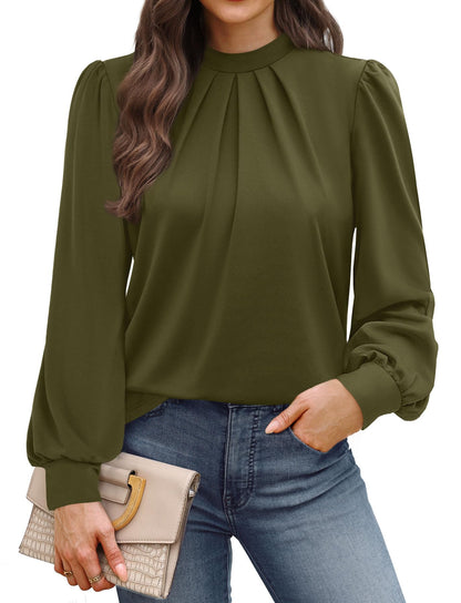 WIHOLL Long Sleeve Shirts for Women Mock Neck Tops Pleated Front Blouses Dressy Casual Fall Clothes 2025 Fashion