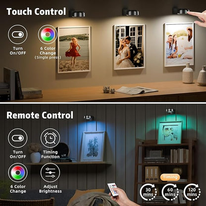 3PCS Picture Lights, Rechargeable Battery Magnetic Poster Lights with 3 Color Temps&12 RGB, Dimmable and Timer Metal Art Light for Display, Wall, Artwork, Gallery (Black)