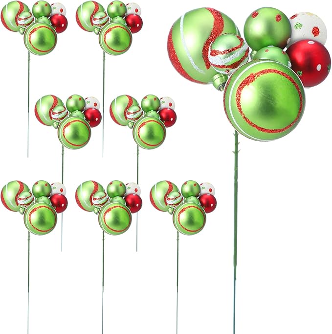 8 Pcs Lime Green Christmas Tree Picks 7.87 Inch Christmas Balls Ornaments Xmas Hanging Peppermint Decorations for Xmas Tree Topper DIY Wreath Holiday Floral Vase Fillers Crafts Home Decor