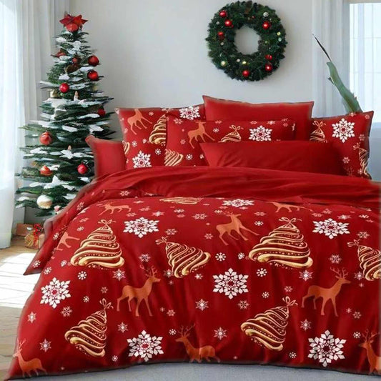 Nanko Christmas Duvet Cover Queen Size, 3pc Red Deear Gold Tree and Snow Pattern Printed Microfiber Bedding Comforter Cover Set, Soft Quilt for Women Men Winter Ded Decor 90x90 inch