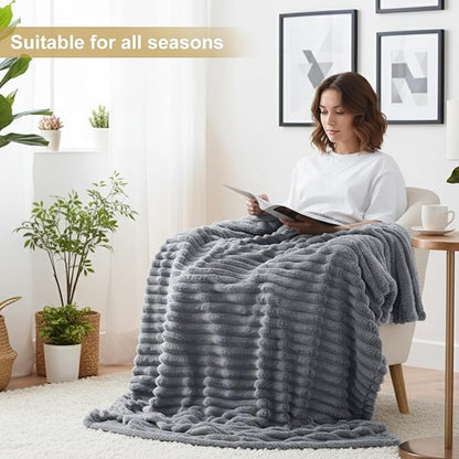 decorUhome Soft Fleece Grey Throw Blanket for Couch, Cozy Fluffy Plush Flannel Striped Blanket for Sofa Bed, Lightweight Decorative Ribbed Fuzzy Blanket for Woman, 50x60 Inches