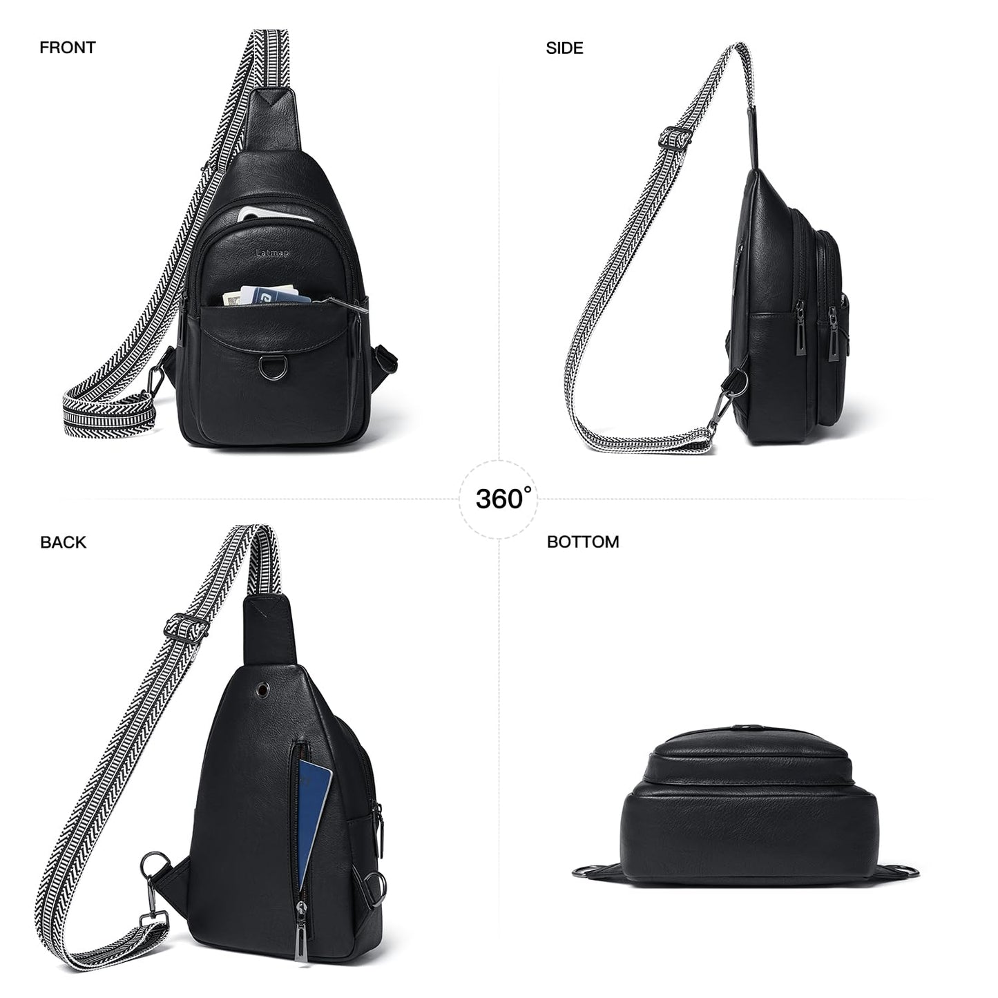 LATMAP 7L Sling Bag for Women Men Crossbody Belt Bag Small Travel Sling Backpack Anti Theft Chest Daypack Purse Faux Leather,Black