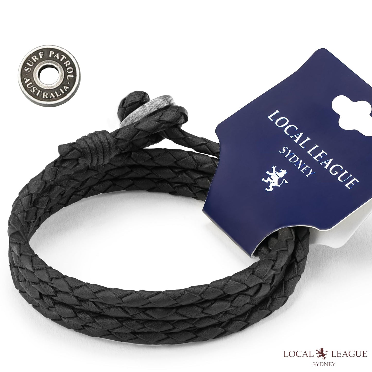 LOCAL LEAGUE Mens Leather Bracelet SURF PATROL - Fully Adjustable - BLACK Braided Cord for Men, Women, Multilayer Wristband Surfer Wrap Rope CALI VIBES BEACH Party Holidays Festival