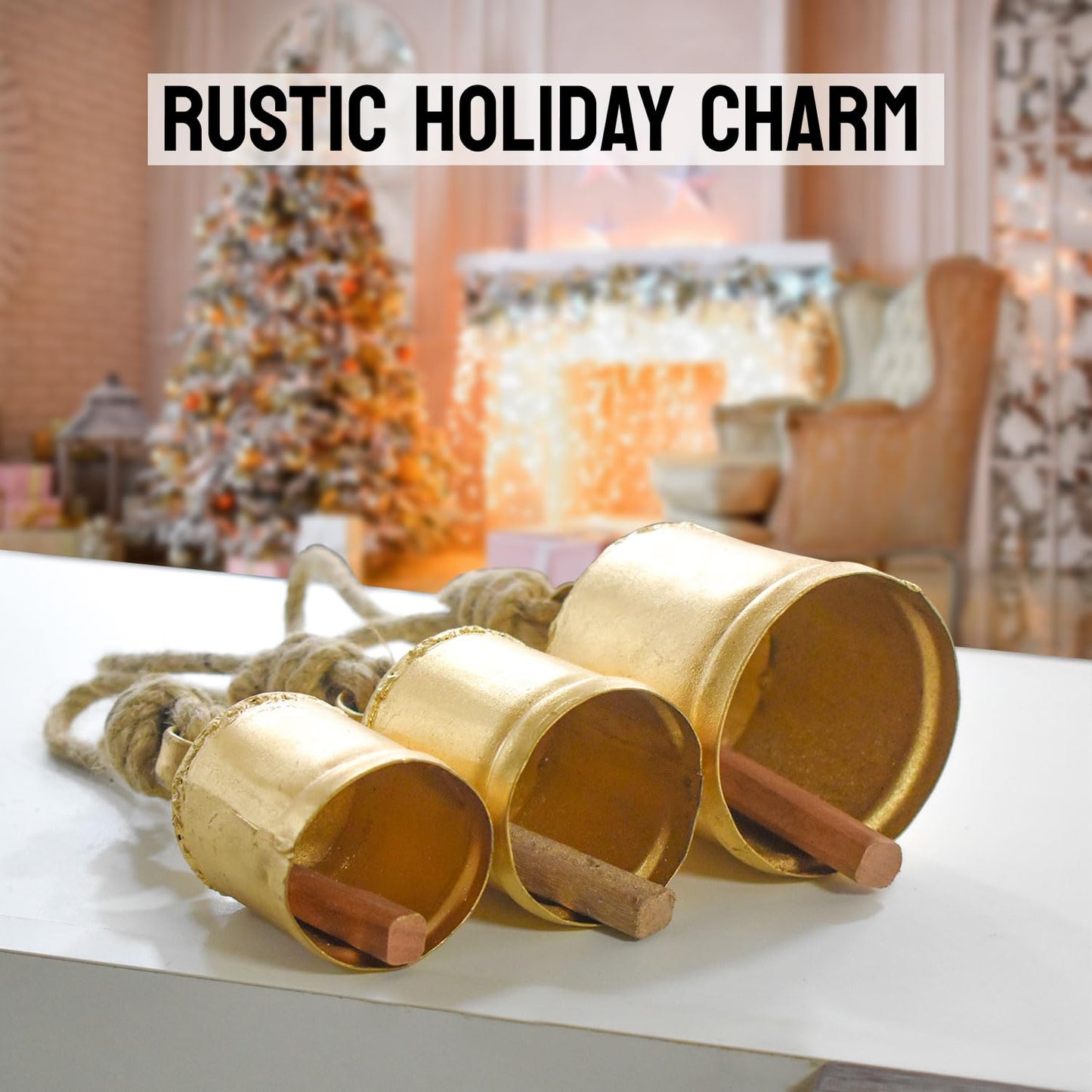 Christmas Hanging Large Cow Bells - Rustic Golden Metal Bells for Farmhouse, Garden & Holiday Décor (Medium (5”4”3” Inch))