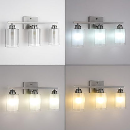 Stainless Steel Bathroom Vanity Light Over Mirror, 3 Light Brushed Nickel Bathroom Light Fixtures with Milk Glass and Clear Glass Shades, Modern Vanity Lighting Wall Mount
