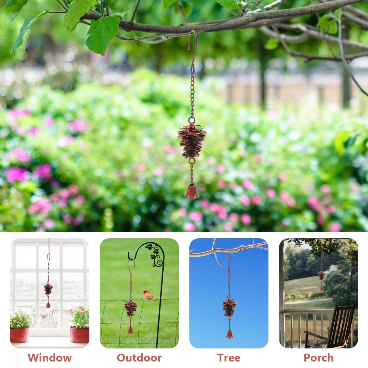 ZUNOXAZ Pine Cone Bells Wind Chimes Metal Door Knob Hanger Soothing Chimes for Garden Porch Home Elegant Pinecone Outdoor Decorations Holiday Wall Ornament