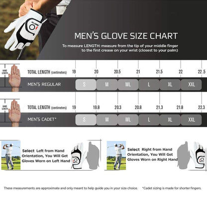 FINGER TEN Premium Golf Gloves Men Cabretta Leather Value 3 Pack for Right Left Handed Golfers, All Weather Grip Comfortable Glove Size S M ML L XL for Left Right Hand (White-3 Pack, Large, Left)