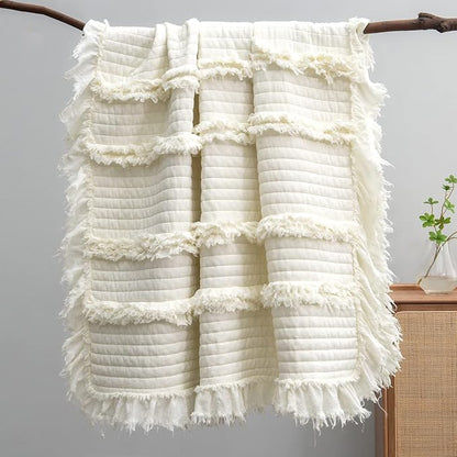 Pre-Washed Ultra Soft Quilted Cream King Size Blankets for Bed, Ruffle Fringed Chic Boho Decorative Throw, Stone Washed Blanket for Sofa Couch Bed 104"*90"