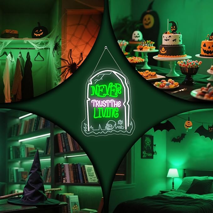 Never Trust The Living Neon Sign Halloween LED Sign for Window Dimmable USB Powered Tombstone Light for Wall Decor Light Up Halloween Signs for Room Bar Secrets Spooky House Decor