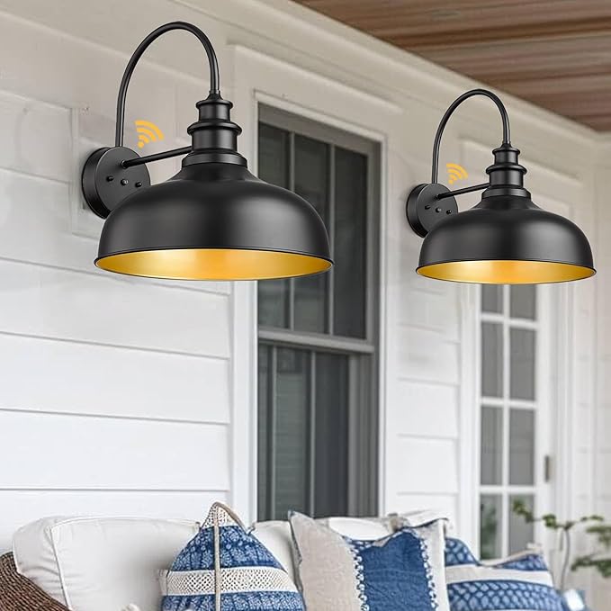 Bestshared 16 Inch Dome Large Dusk to Dawn Sensor Gooseneck Barn Light Farmhouse Outdoor Wall Sconce Industrial Exterior Wall Lighting Fixture, Outside Lantern Garage Lamp(Black+ Gold, 16” Dome-2Pack)