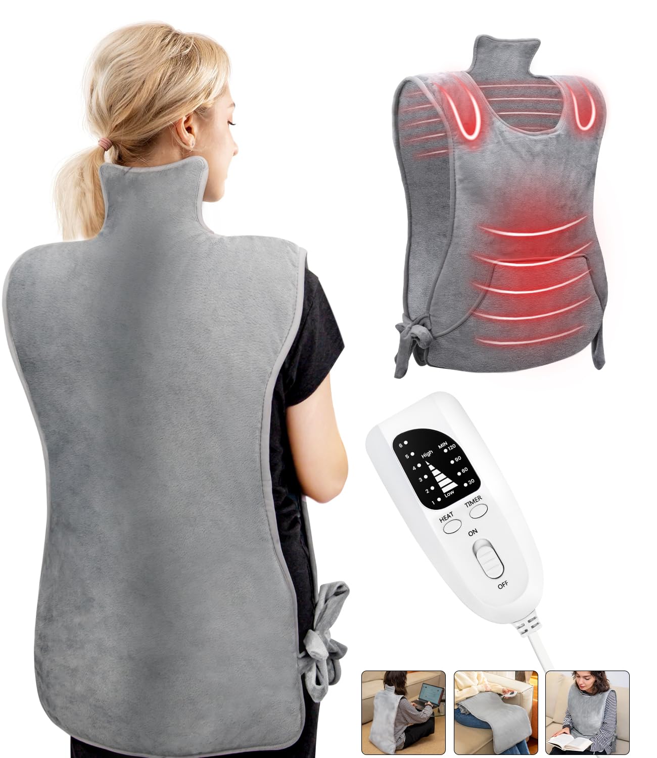Heating Pad for Back Pain Relief, 22"x 37" Large Heating Pad for Neck and Shoulders, Heat Pad with 6 Heat Settings & 4 Time Settings Auto-Off, Gifts for Women Men Mom Dad (Gray)
