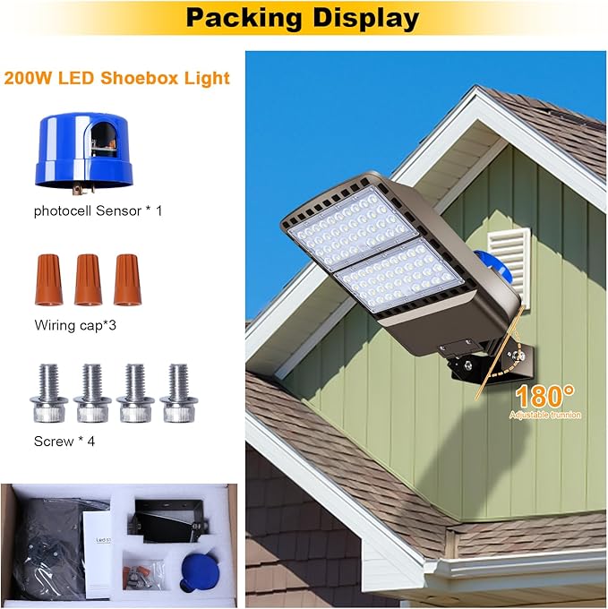 200W LED Parking Lot Light 28000LM Bright Dusk to Dawn FloodLights Outdoor with Trunnion Wall Yoke Mount 5500K Commercial 85-277V IP65 Waterproof Shoebox Barn Lighting for Yard,Garage