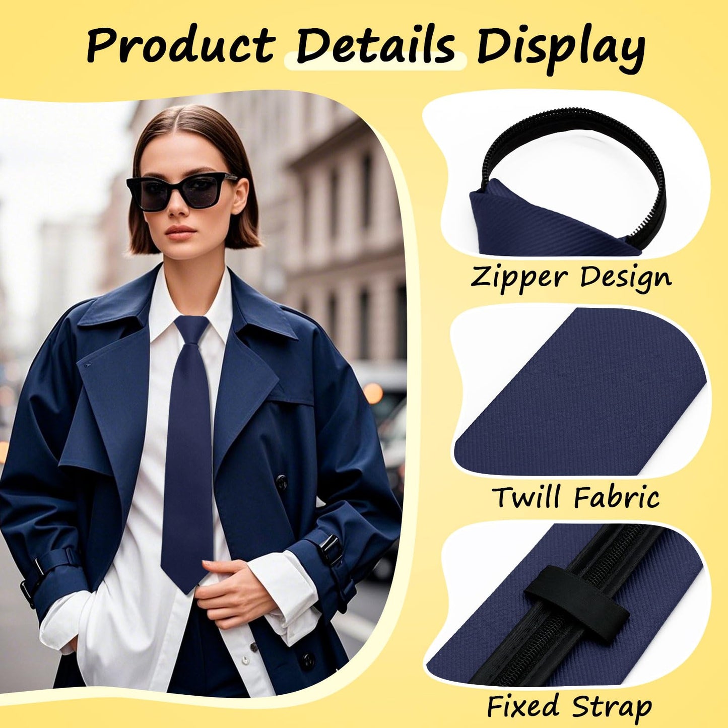 GHTIYLP Black Tie for Women Pre-tied Adjustable Womens Tie, Solid Color Zipper Ties for Women Accessory School Office Casual (Navy Blue)